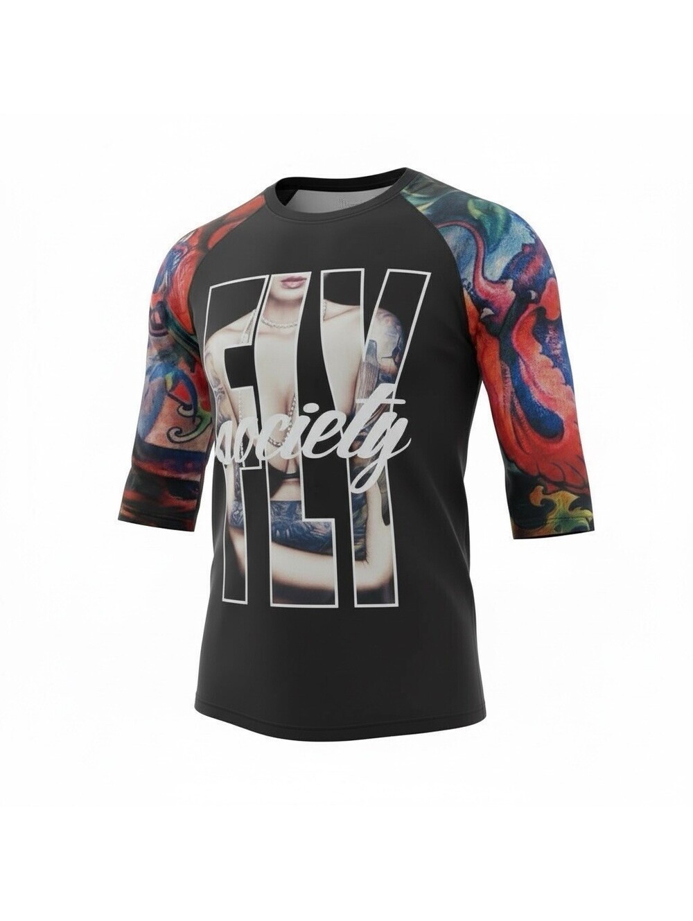 Fly Society T-Shirt Mens Medium Black Tee Tattooed Lady Bikini Multicolor Print